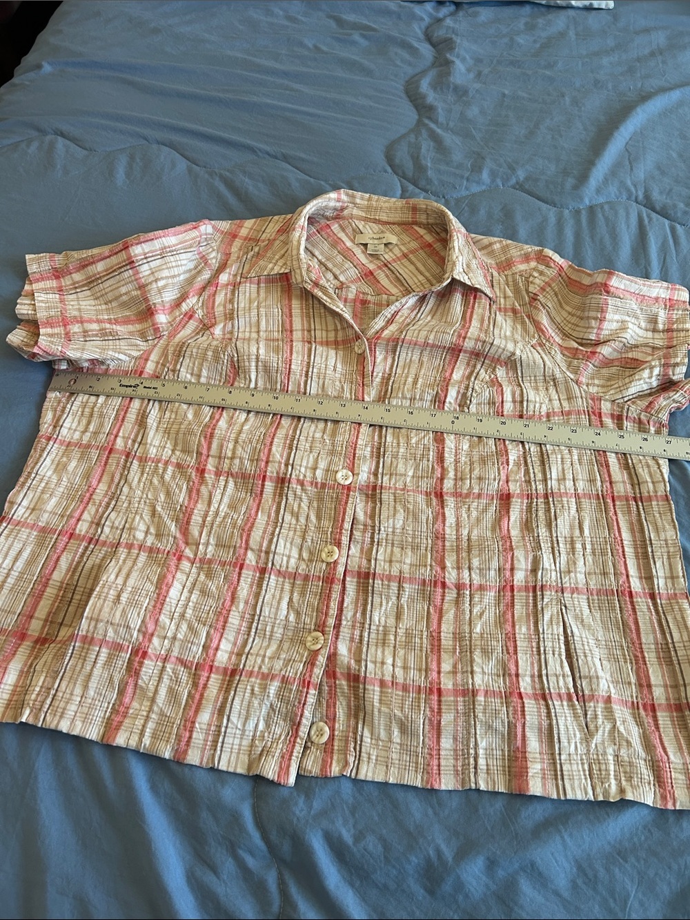 CJ Banks Lightweight Plaid Button-Up Shirt in Cream & Pink 3X - Picture 10 of 11